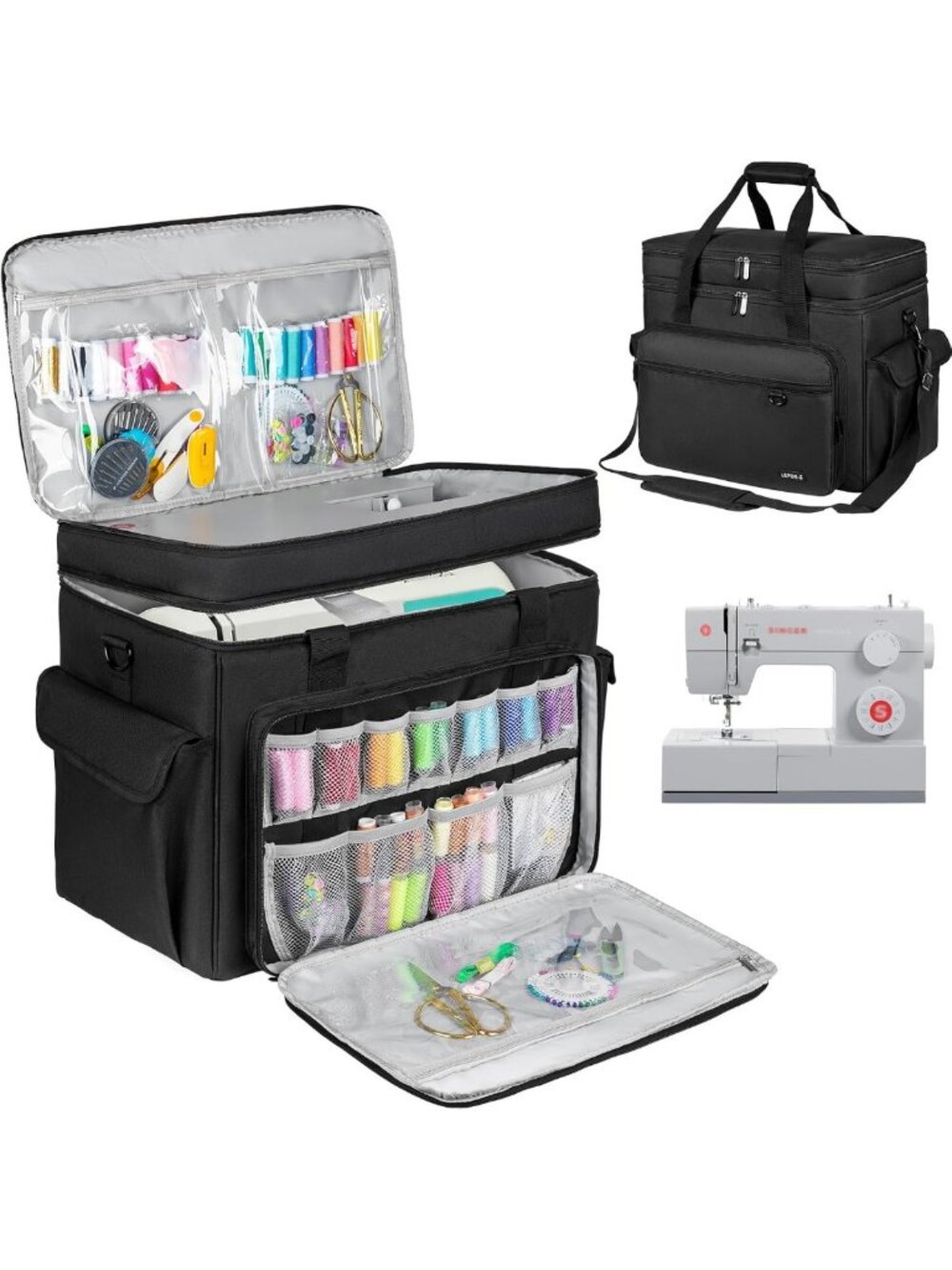 Universal Sewing Machine Carrying Bag with Hard Bottom Pad - 2 Layer Tote for
